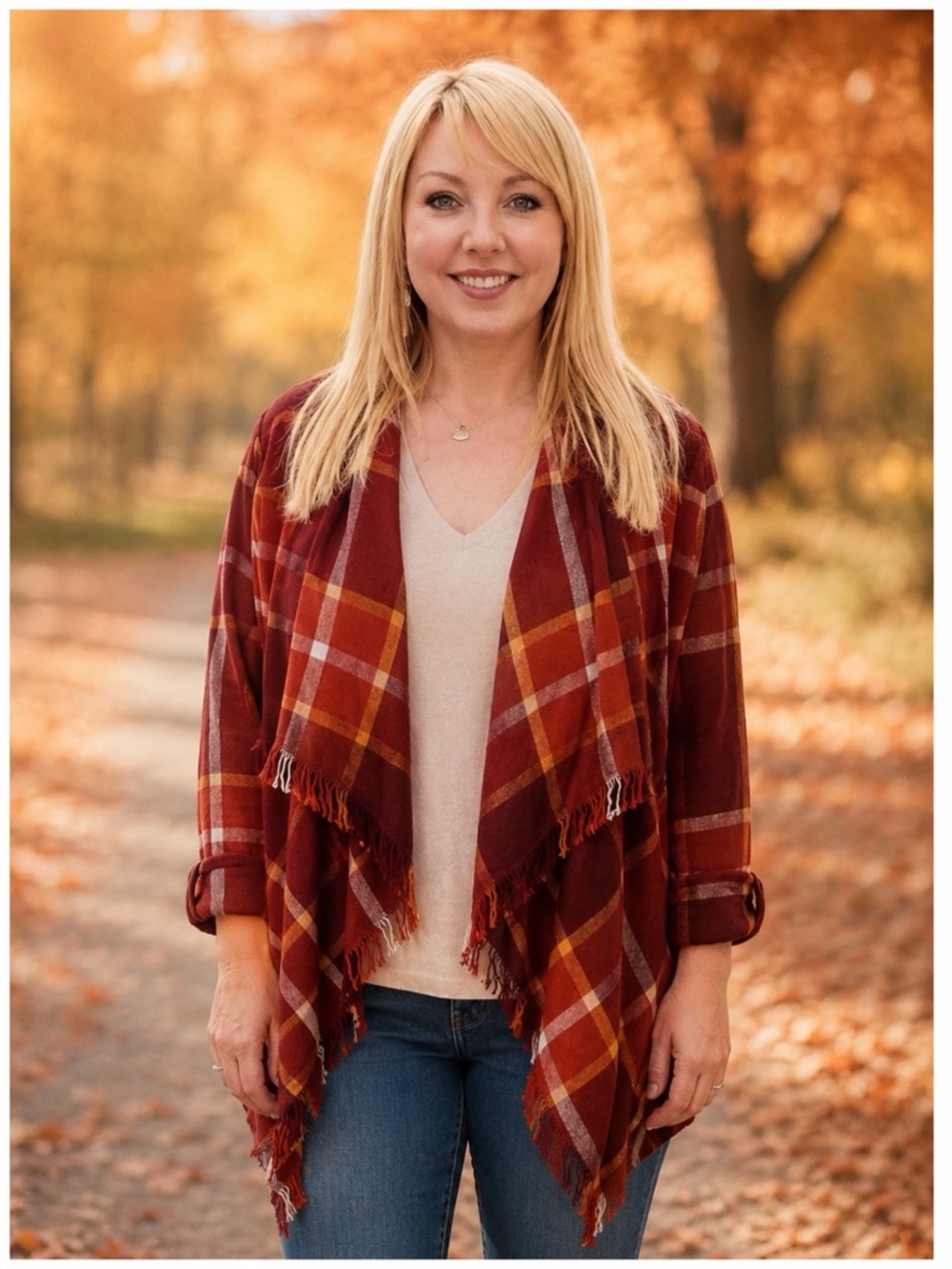 Maurices Plaid Open-Front Fringe Cardigan - Rust Plaid